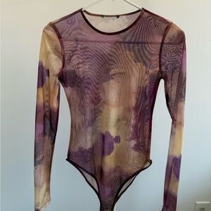 Zara Purple and Tan Sheer Long Sleeve Bodysuit